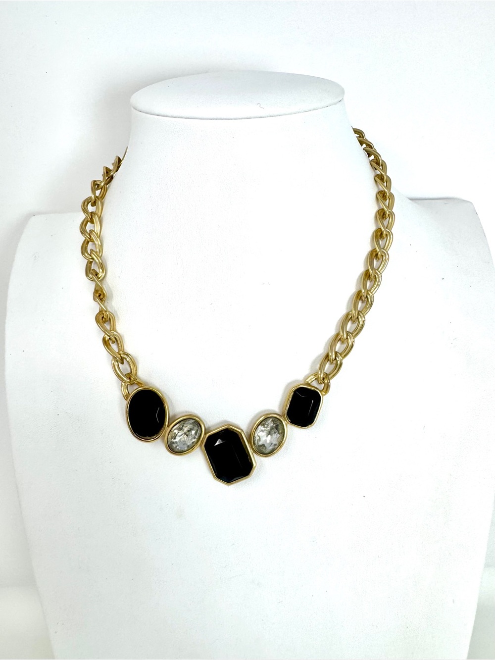 Vintage Gold Tone Curb Chain Statement Necklace Black Stone & Rhinestone Collar